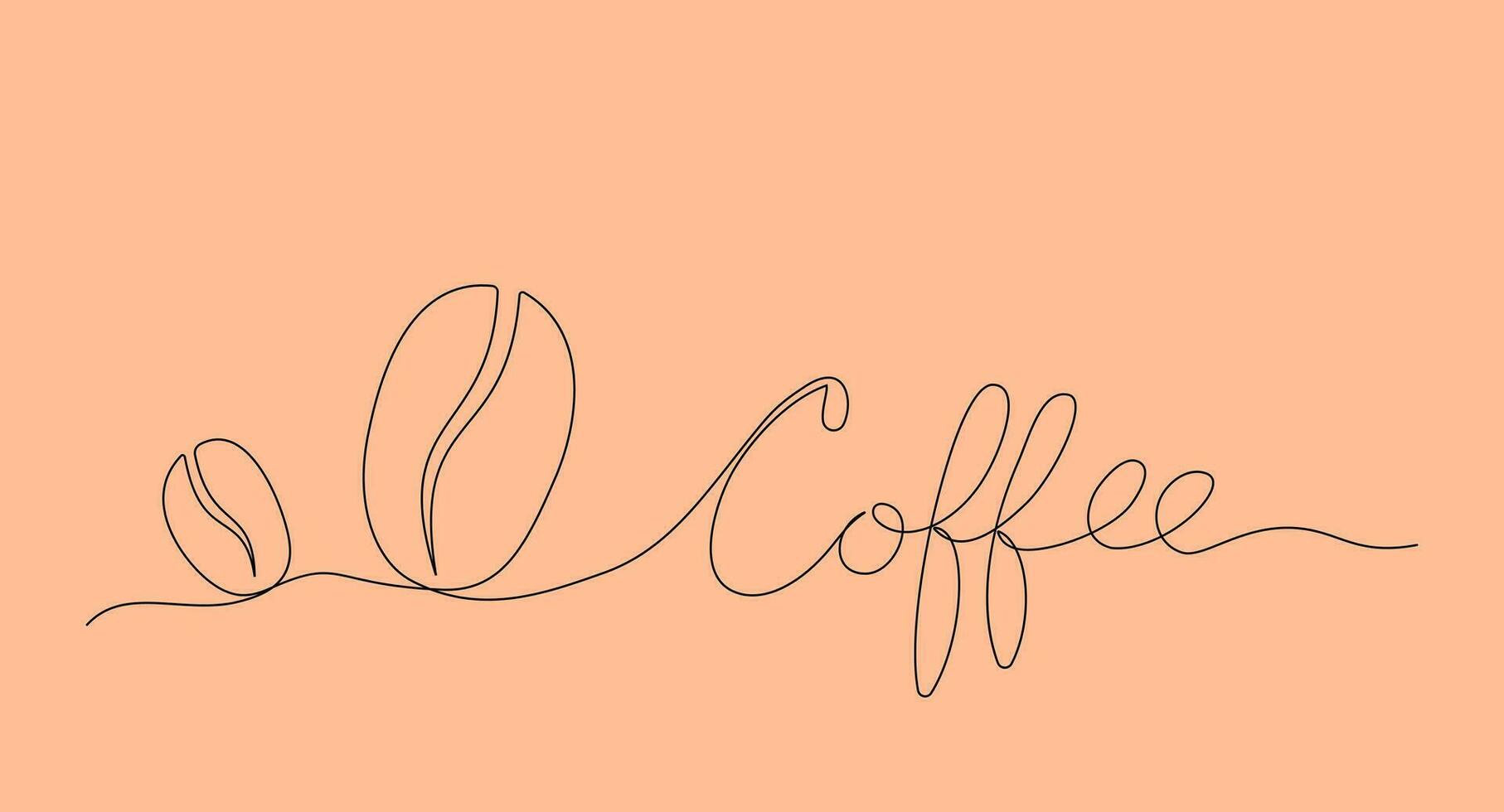 Single line drawing of coffee beans and lettering Coffee on peach background. Vector illustration