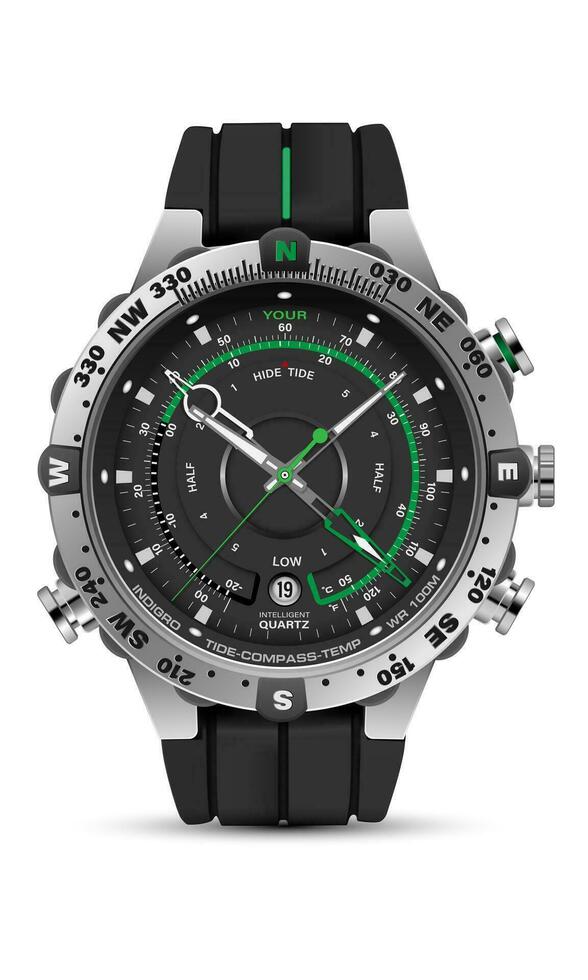 Realistic watch clock chronograph face silver black white green number arrow rubber strap design classic luxury vector