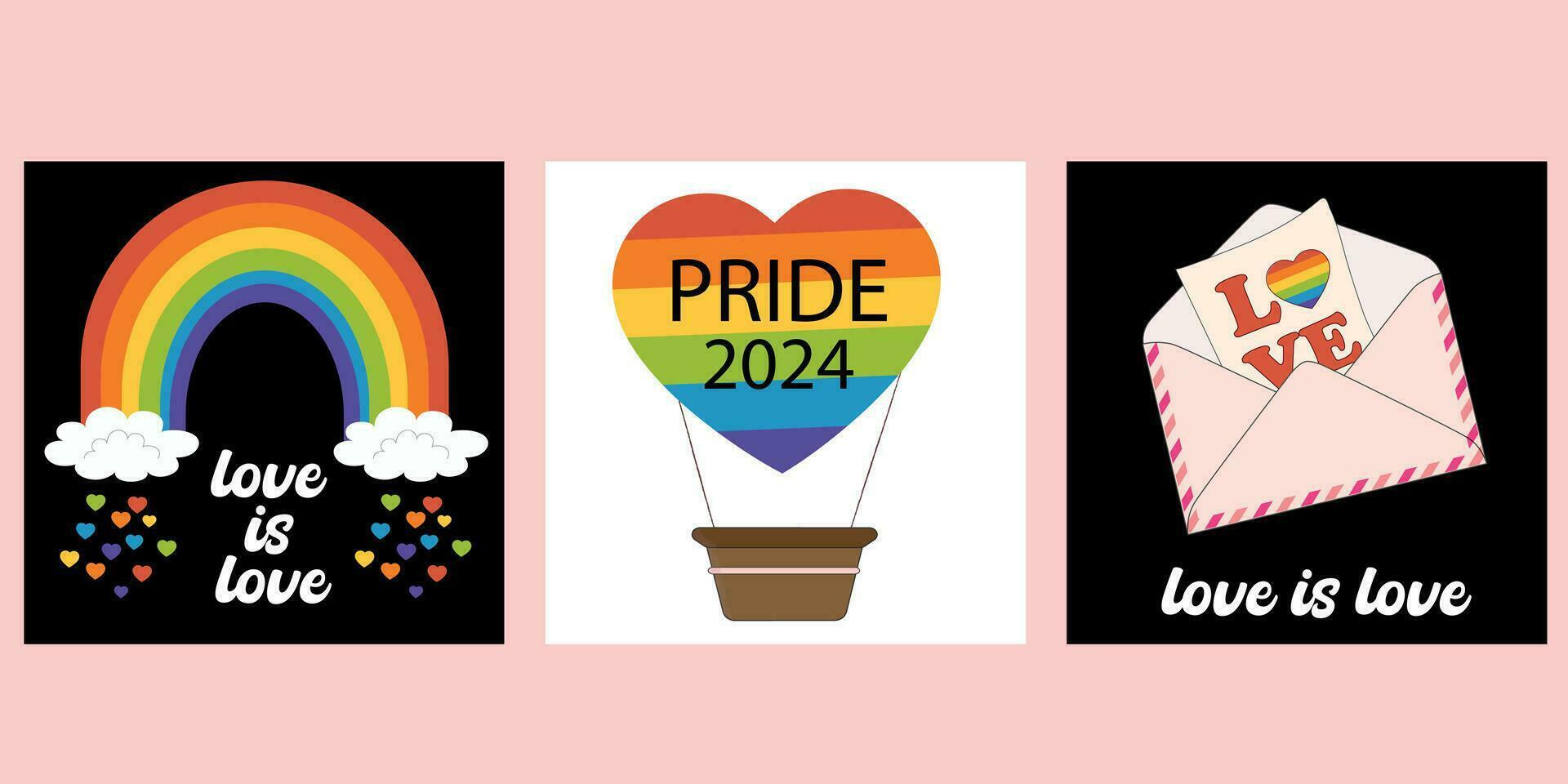 Set of Banners Template with LGBTQ symbols. Social media post, stories, poster template with LGBT rainbow flag. Collection of Cards for pride month celebration. Gay parade. vector