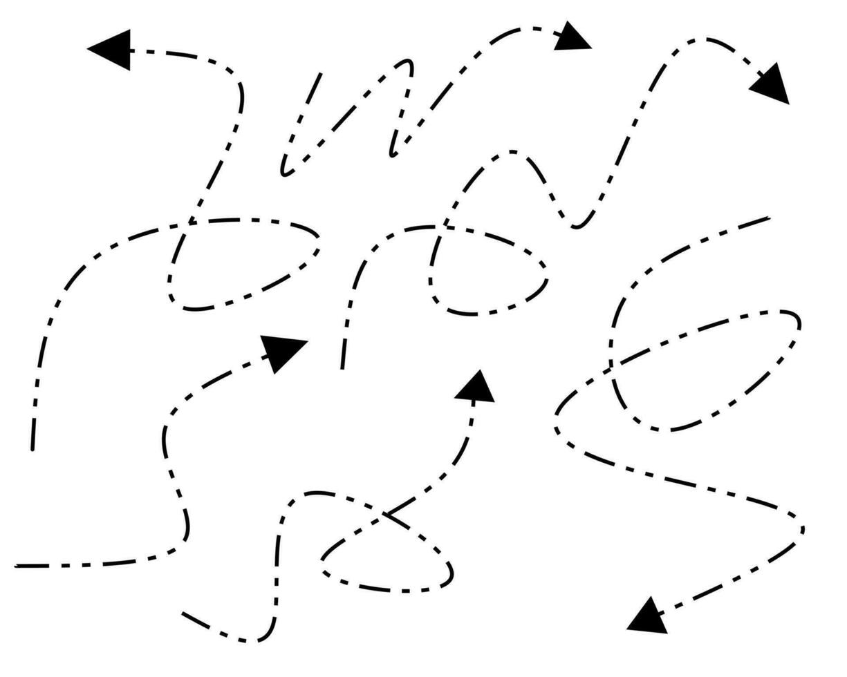 Vector set of hand drawn arrow dashed mark, dotted arrow, or direction sign isolated on white background.