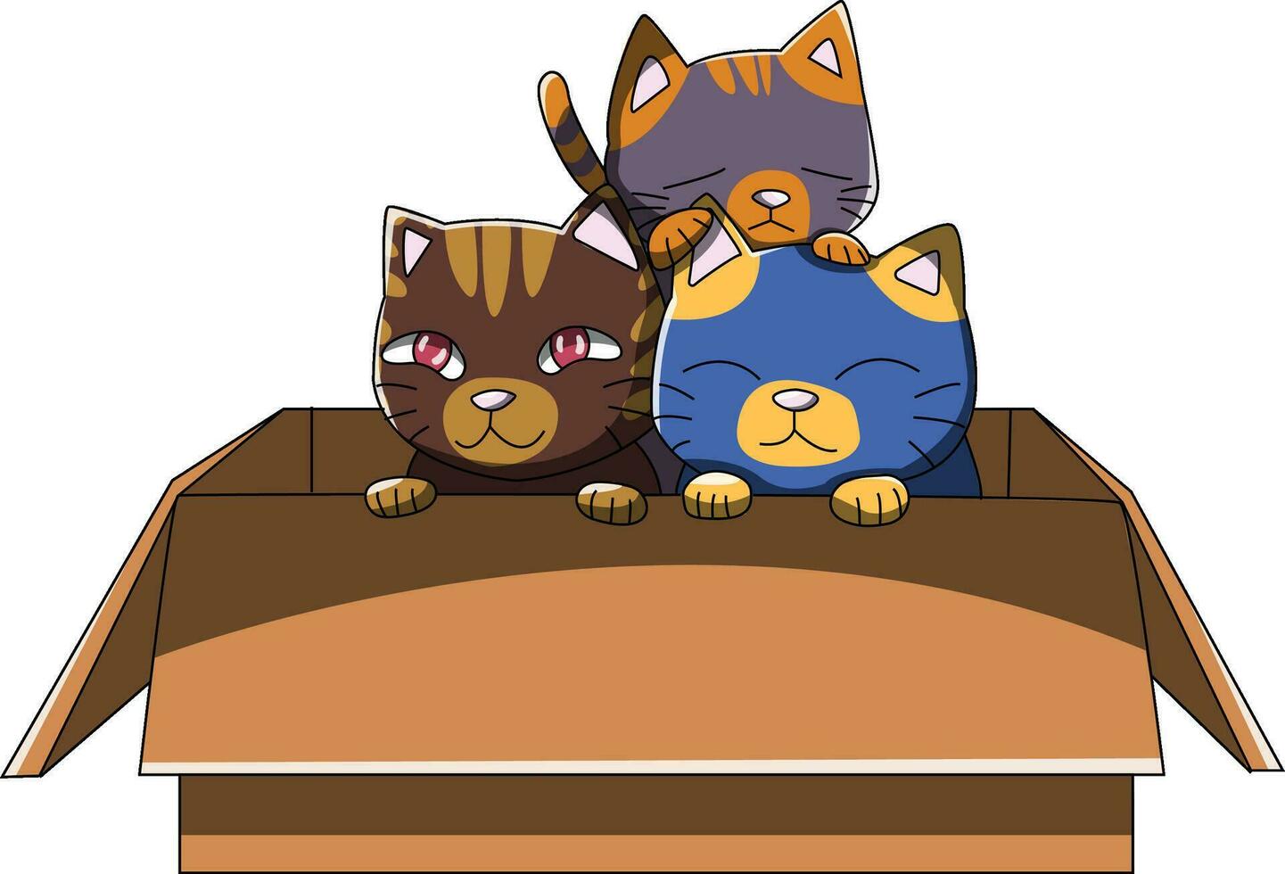 Tres gatitos adoptado en un caja vector dibujo ilustración