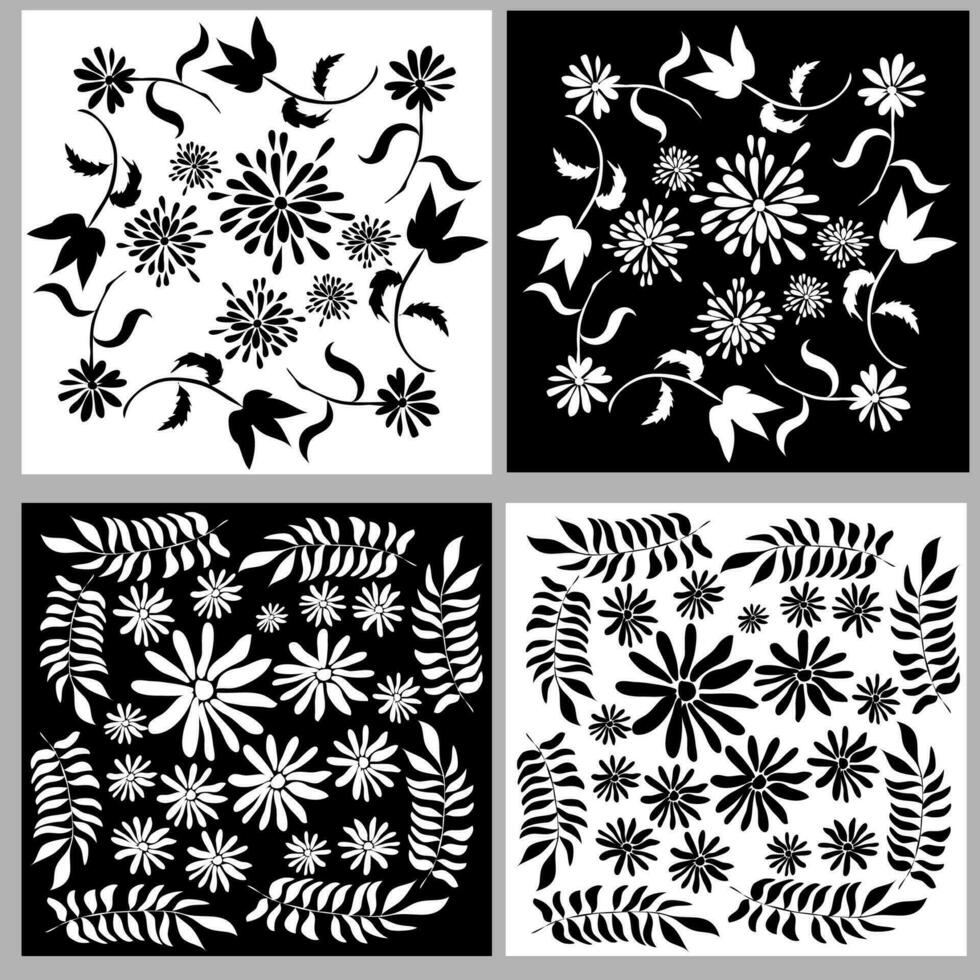 Set of black and white vector abstract backgrounds drawn in doodle style