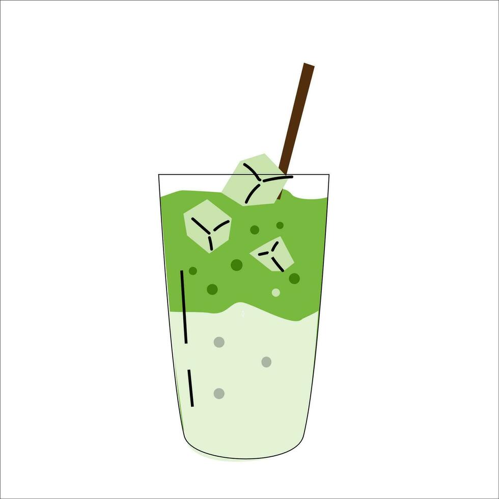 bubble milk tea or smooty in glass with ice, matcha latte. Vector illustration isolated. Can used for menu background, stiker, web icon. Suitable for kitchen, cafe design.