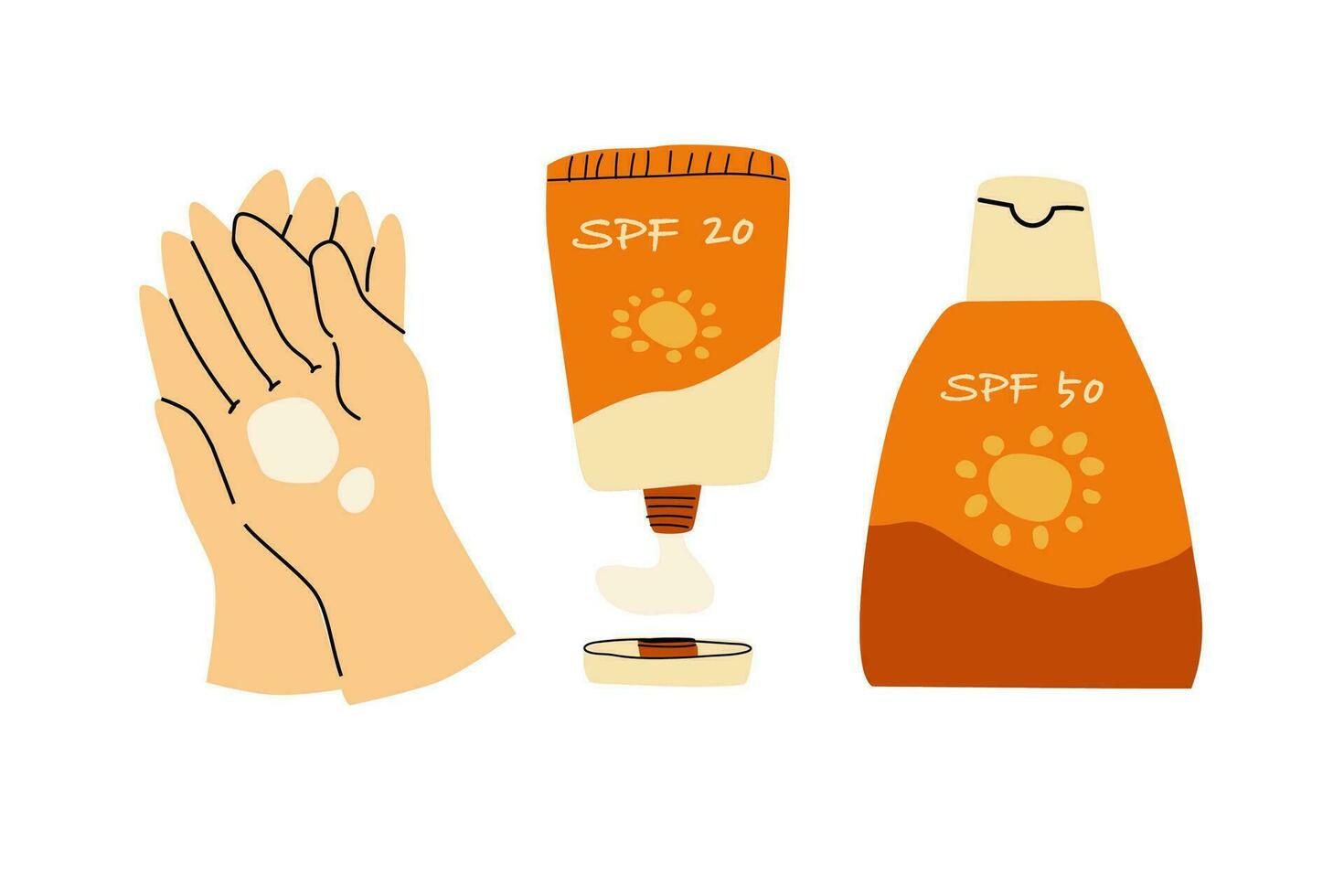 set of cosmetic products and hand with cream. Vector illustration isolated, Set included creams and hand with applying cream.