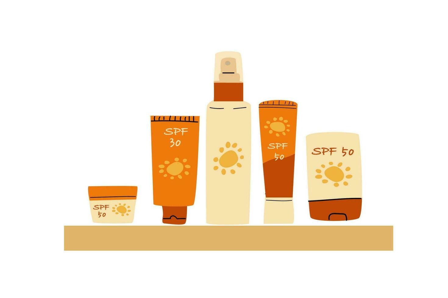 set of cosmetics for sun protection and sunburn on the shelf. Vector illustration isolated, Set included cream, spray, stick, lotion.