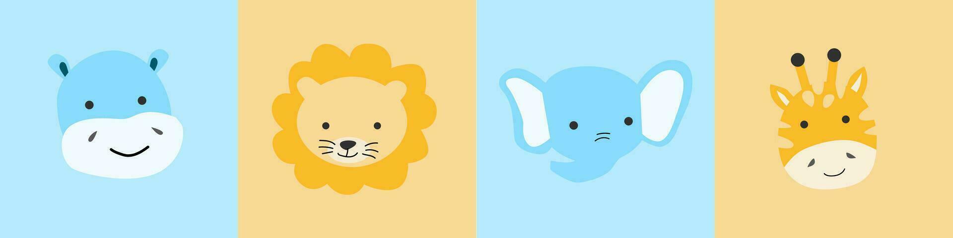 linda selva animal cabeza - colocar. dibujos animados guardería ilustración. bebé animal retratos vector en azul y naranja colores.