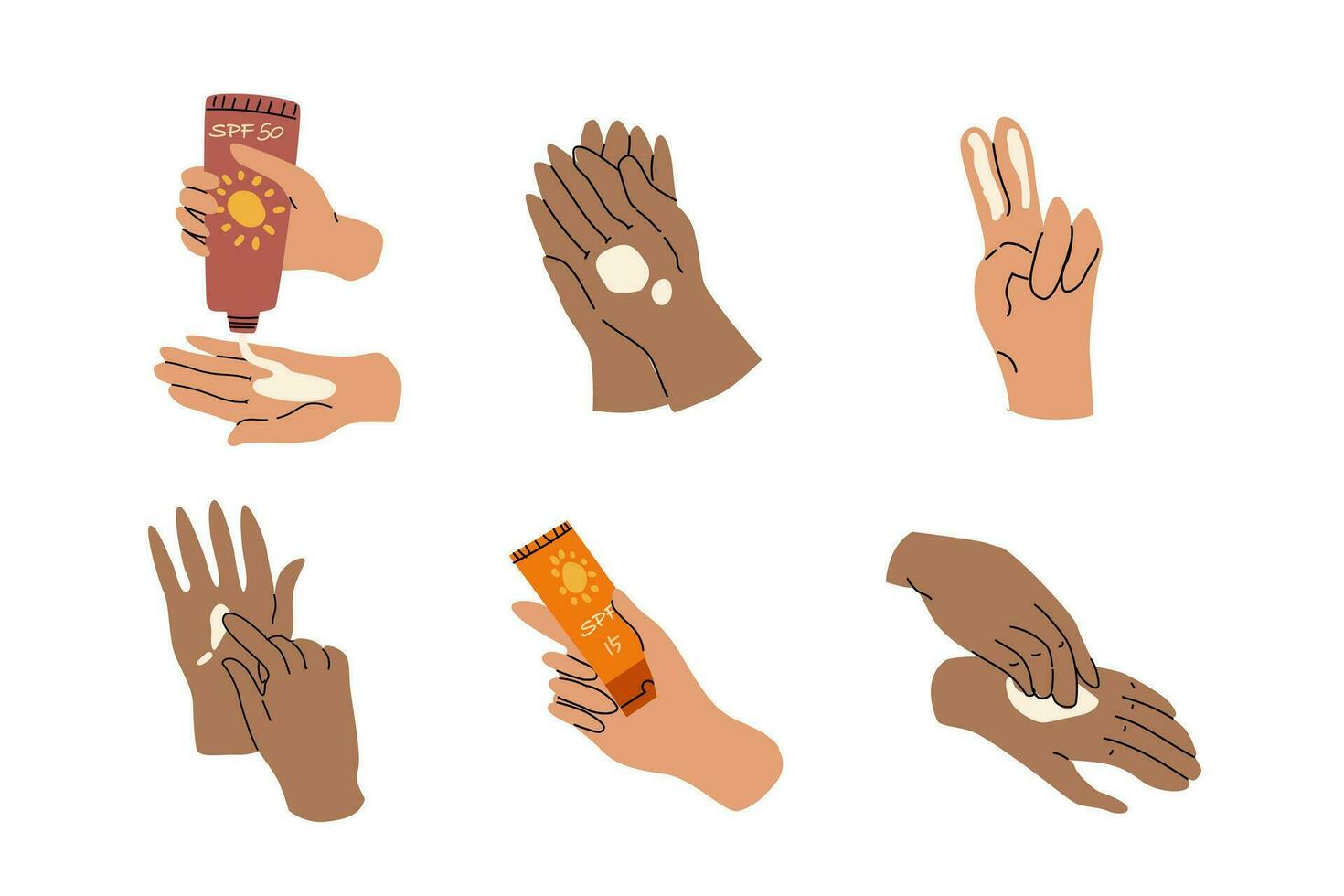 Set of different skin color hands with sun protection cream. Vector illustration isolated, Set included dark skin and bright skin.