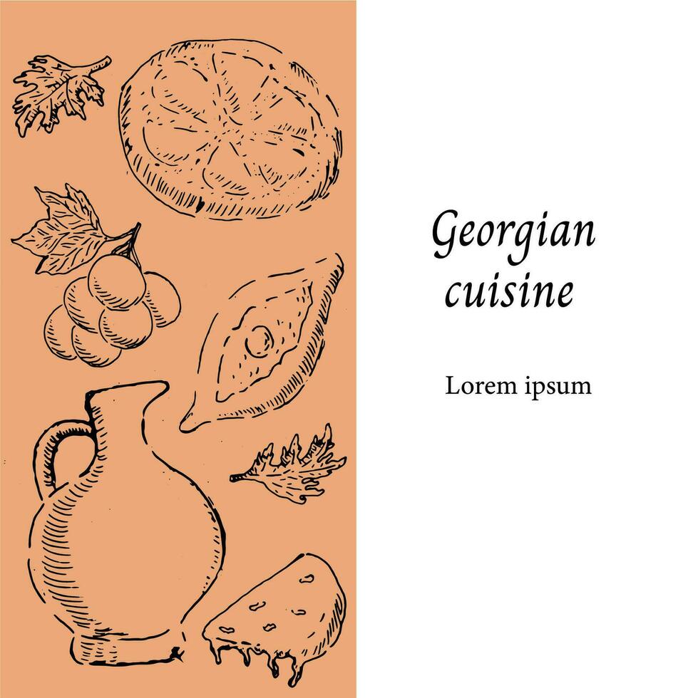Georgian food cuisine background can used for menu template, banner, flyer. Vector illustration in hand drawn sketch style. Vintage background suitable for cafe and restaurant.