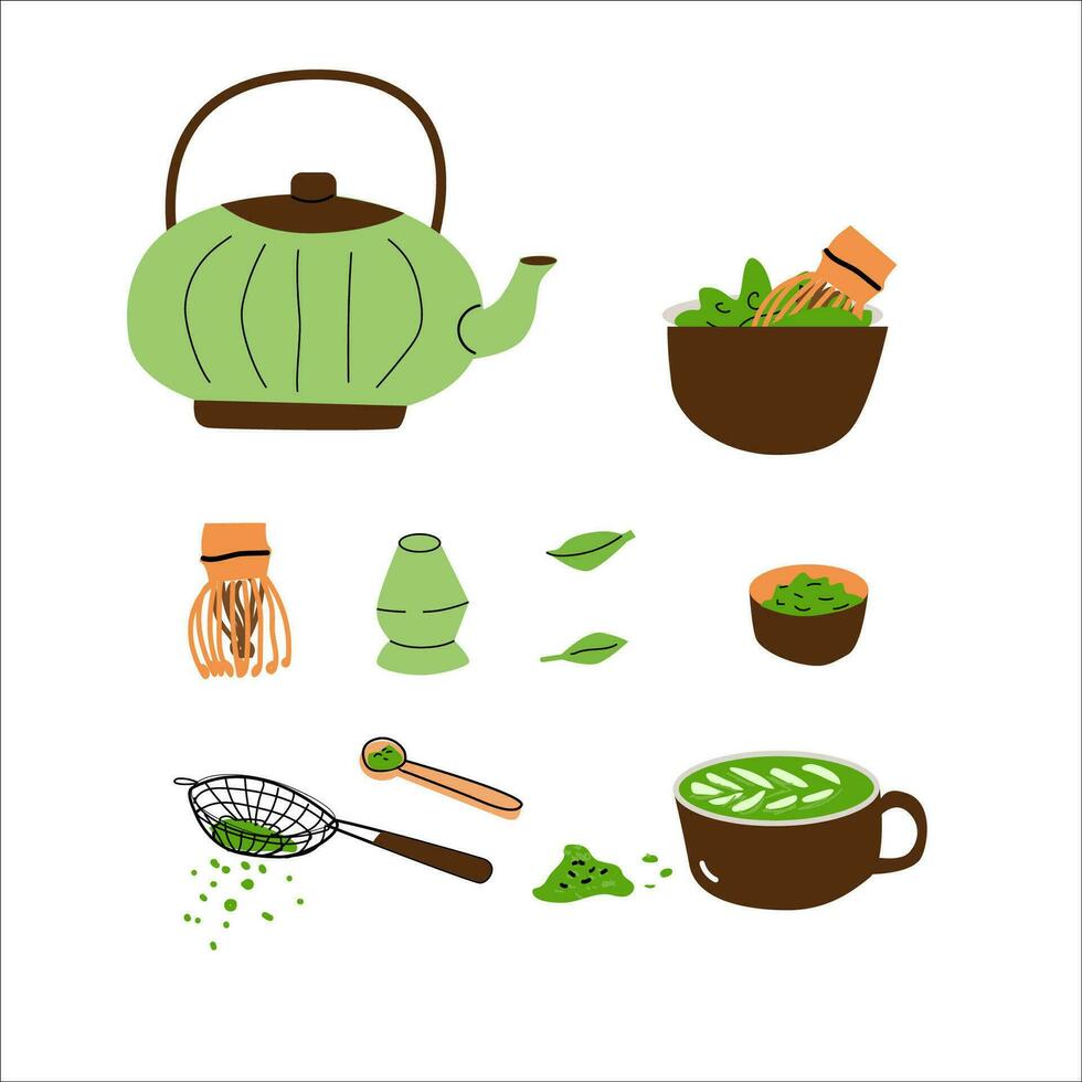 Cartoon matcha tea set of matcha powder and teapot, wisk, bowl and leaves. Vector illustration isolated. Can used for recipe cooking book, stikers, wallpapers, tea labels, wrapping design.