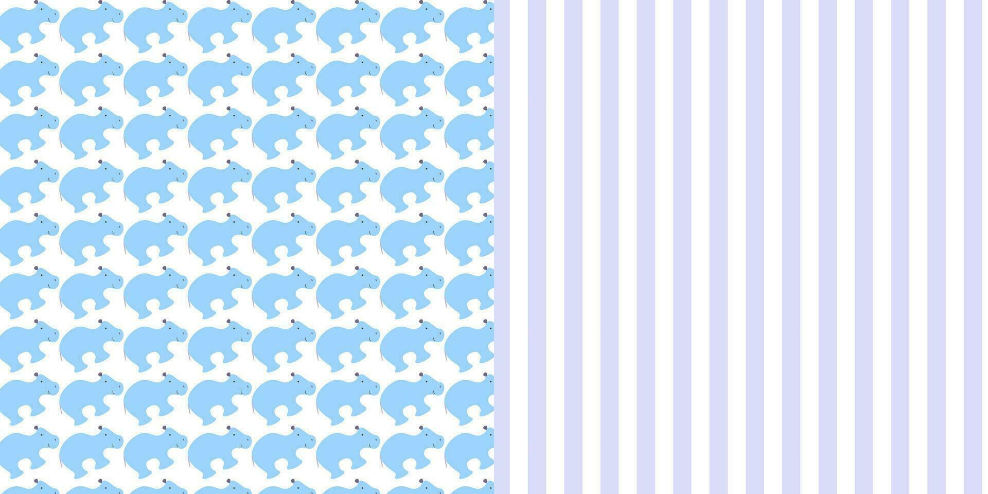 blue nursery pattern with hippo and stripes, can used for baby background. Vector illustration in bright colors.
