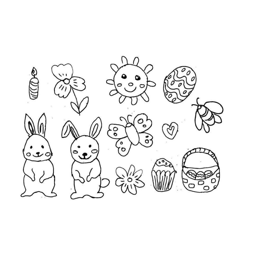 Happy Easter doodle set isolated. Vector illustration with butterfly, bunny and other holiday icons. Can used for wrapping paper, greeting card.