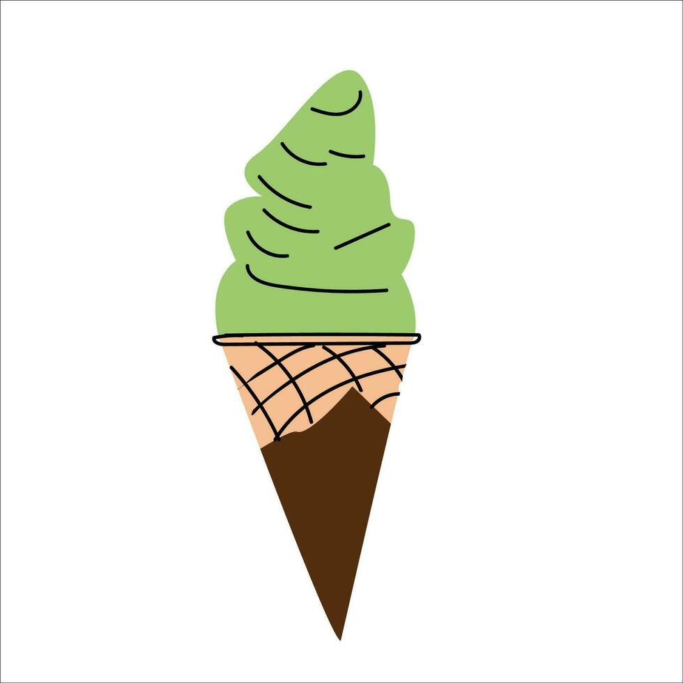 ice cream with matcha tea powder in cone from waffle - trendy healthy food. Vector illustration isolated icon. Can used for stikers, menu background, price labels, cards, posters.