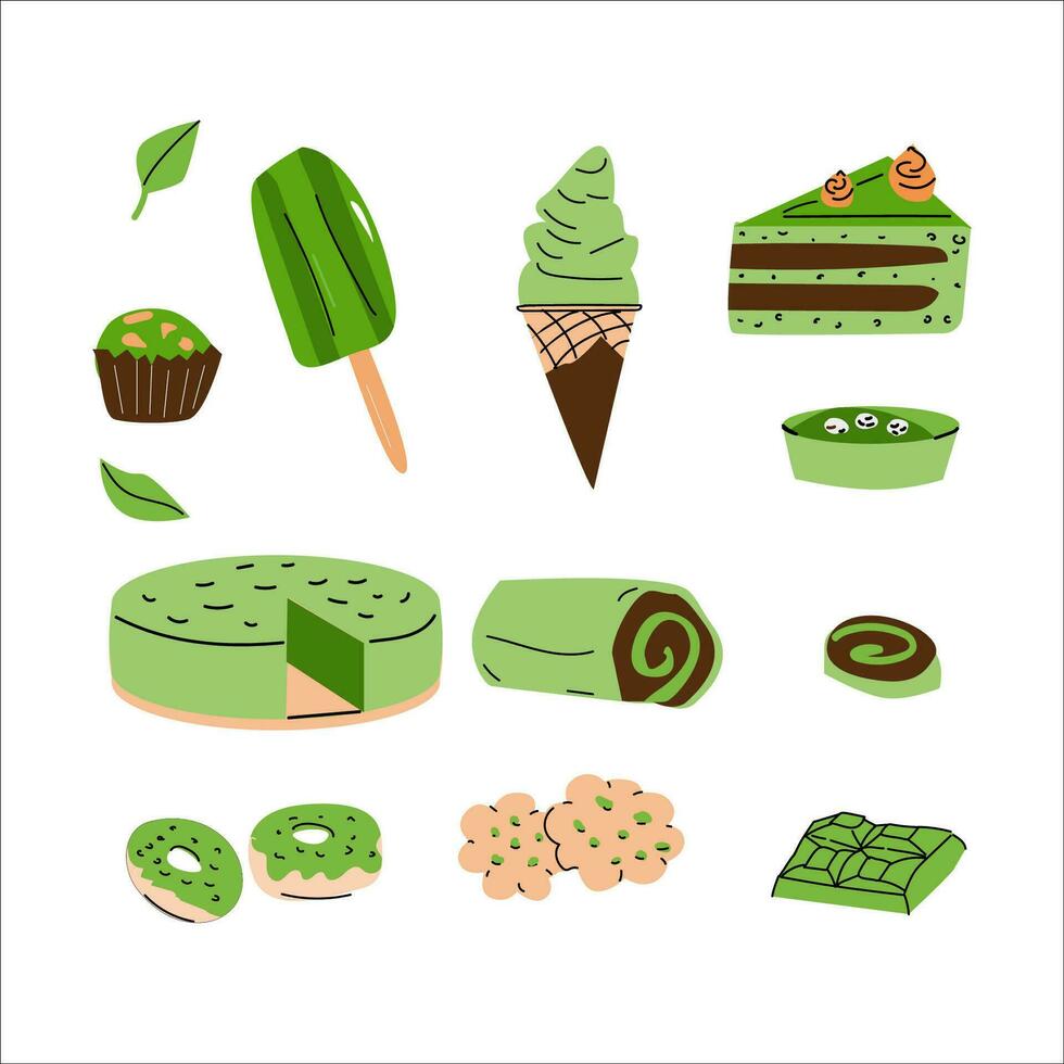 Cartoon food from matcha tea in green colors. Vector illustration of ice cream, donuts, pie, roll, cookie, chocolate, matcha powder set. Green design in doodle style.