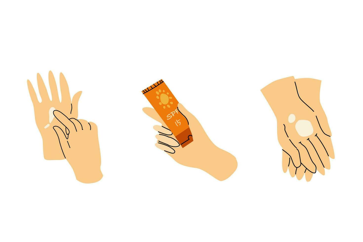 conjunto de Tres manos con Dom proteccion loción. vector ilustración en plano estilo.