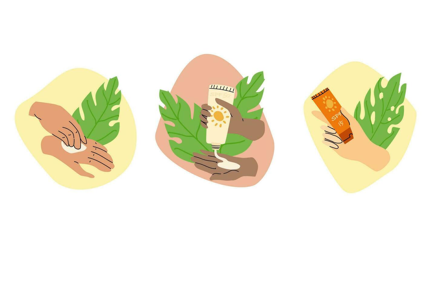 Hand applying cream, hand holding cream - cosmetic background isolated. Different cosmetic cream for skin for sunscreen. vector