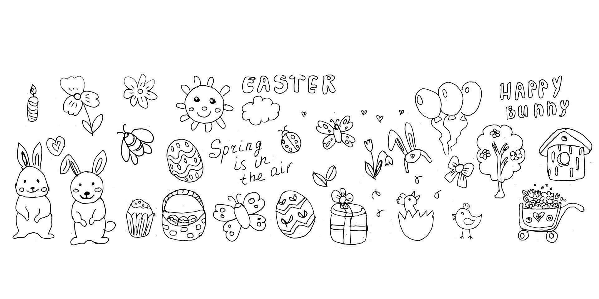 happy easter doodle background, set outline. Vector illustration isolated. Can use for spring banner, web site design, color page. Set of banny, easter egg, butterfly, basket, bird, sun, lettering.