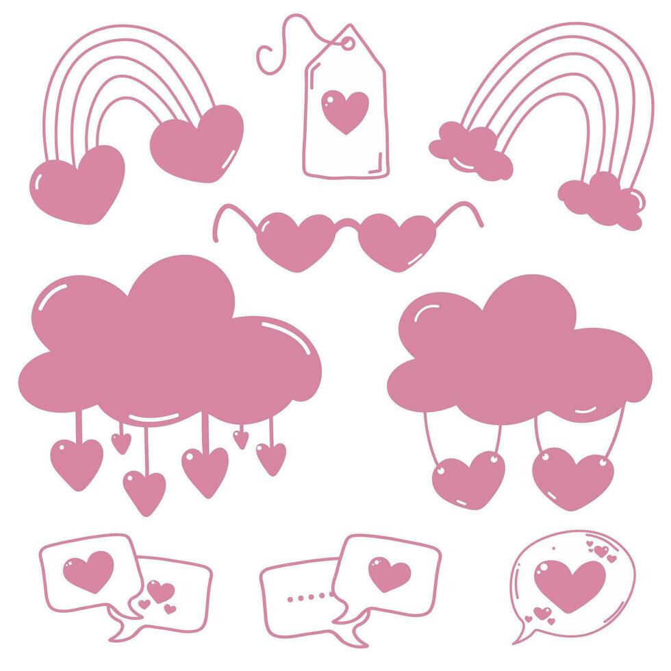 Set of pink elements. Rainbow, cloud, heart, chat vector