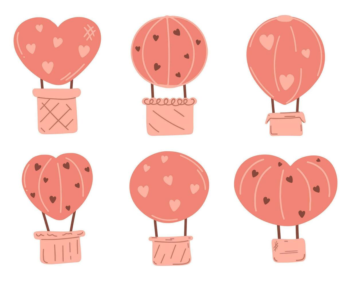 Six pink balloons with baskets . Balloons of different shapes vector