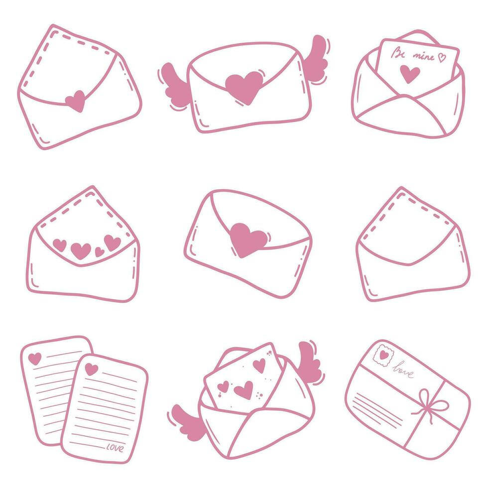 Set of pink elements. Set of mail letters with hearts vector