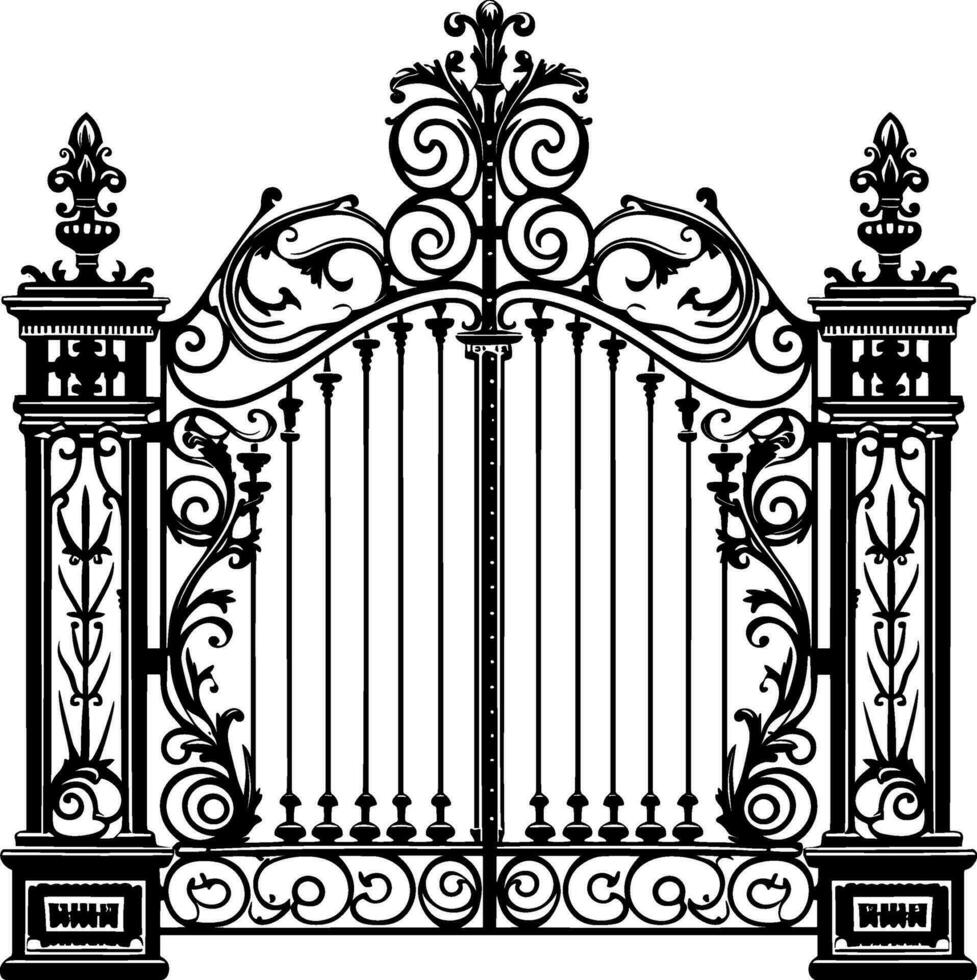 Vector illustration wrought-iron fence. Old metal fence and gate. Gate silhouette. AI generated illustration.