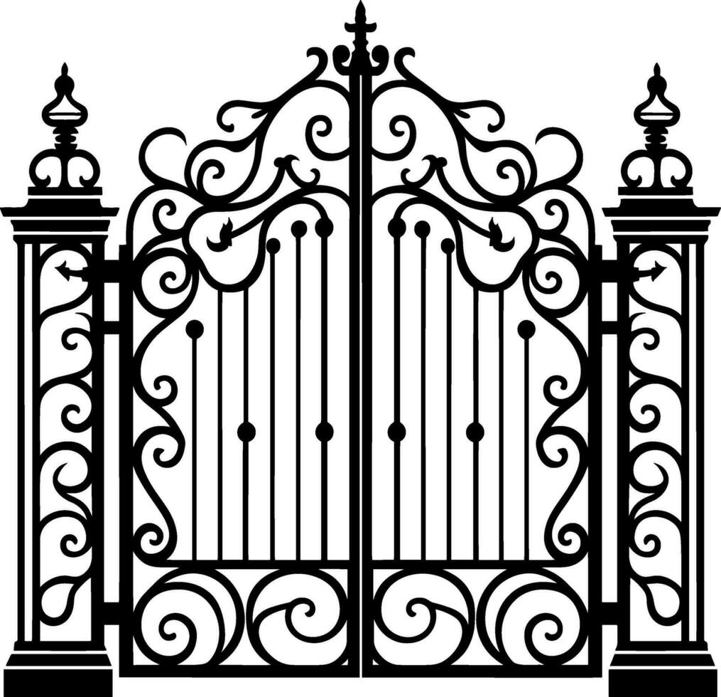 Vector illustration wrought-iron fence. Old metal fence and gate. Gate silhouette. AI generated illustration.