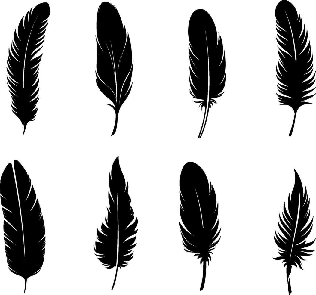 un colección de pájaro plumas conjunto icono. pluma silueta. Clásico bolígrafo para caligrafía. plumaje recopilación. vector aislado en blanco. ai generado ilustración.