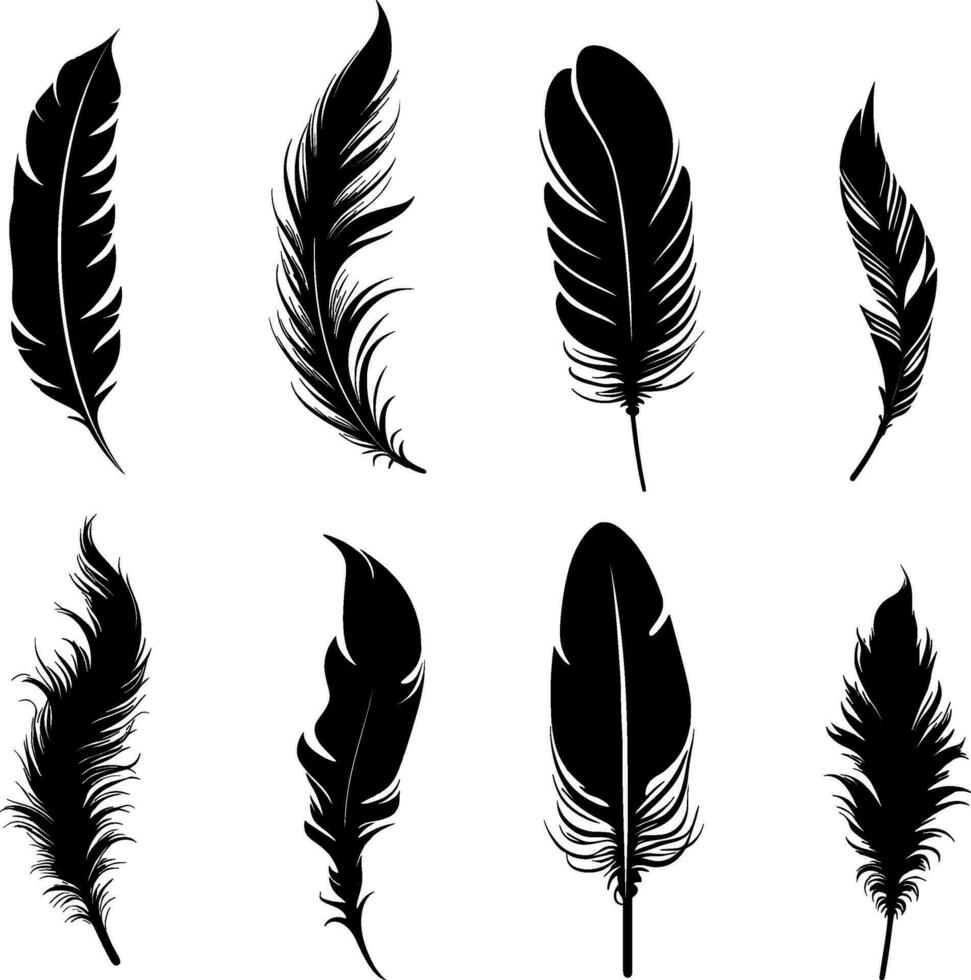 A collection of bird feathers set icon. Feather silhouette. Vintage pen for calligraphy. Plumelet collection. Vector isolated on white. AI generated illustration.