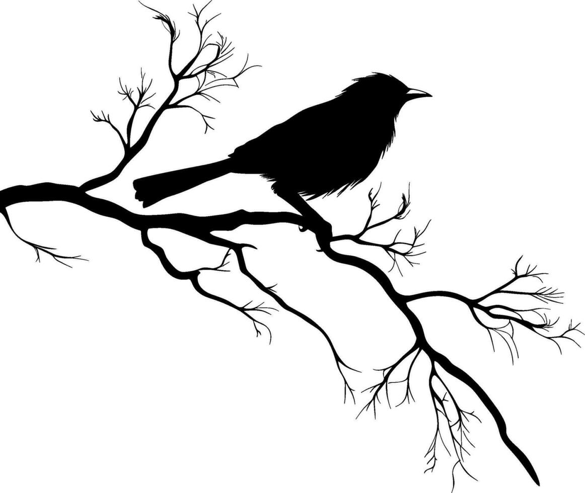 Bird on branch isolated on white background, vector. Bird silhouette on tree, illustration. Minimalist black and white art design. AI generated illustration. vector