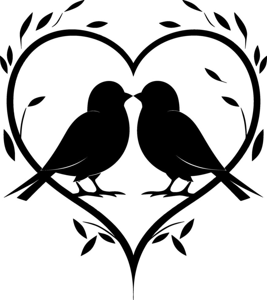 vector silhouettes of birds at tree, hand drawn songbirds at branch, Valentine s symbol, a pair of lovers, isolated vector element. AI generated illustration.