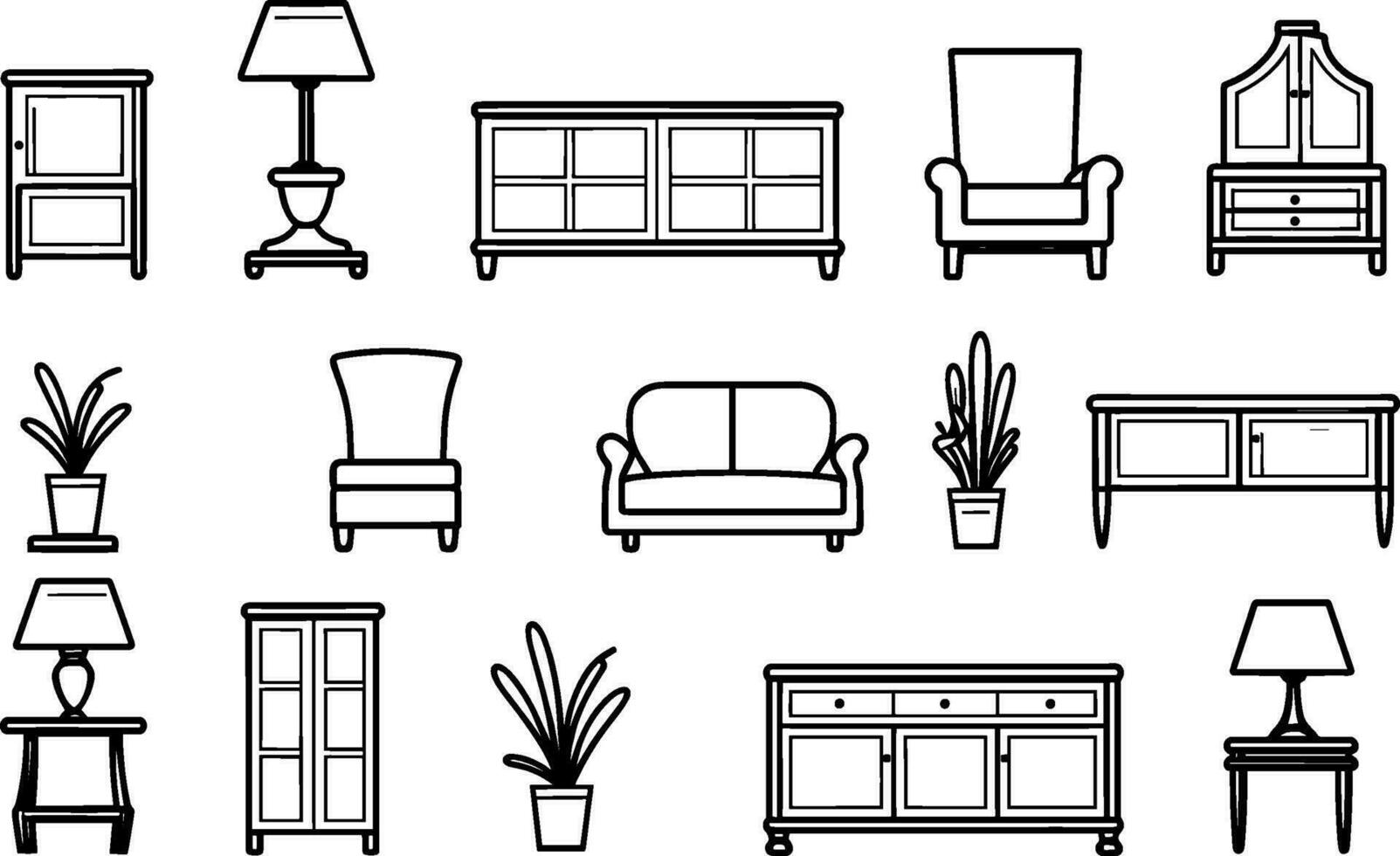 Furniture icons set. collection of linear simple web icons such as kitchen, bathroom, sofa, bedroom, table, etc. Editable vector stroke. AI generated illustration.