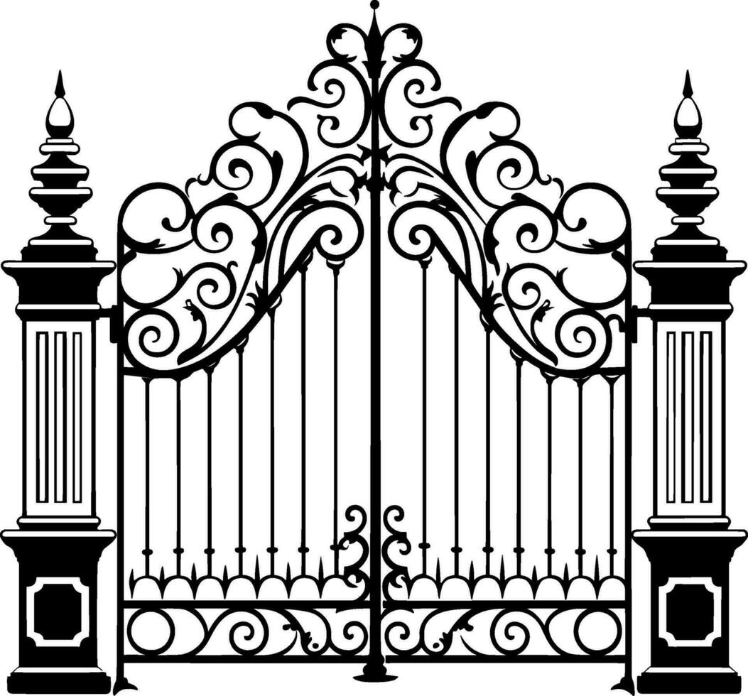 Vector illustration wrought-iron fence. Old metal fence and gate. Gate silhouette. AI generated illustration.