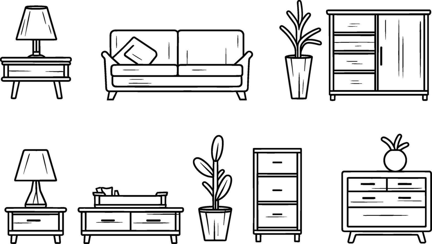 Furniture icons set. collection of linear simple web icons such as kitchen, bathroom, sofa, bedroom, table, etc. Editable vector stroke. AI generated illustration.