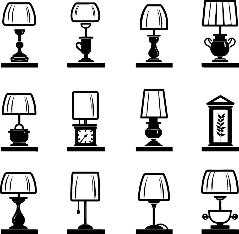 Floor and table lamps vector illustration Set of black silhouettes white background. AI generated illustration.
