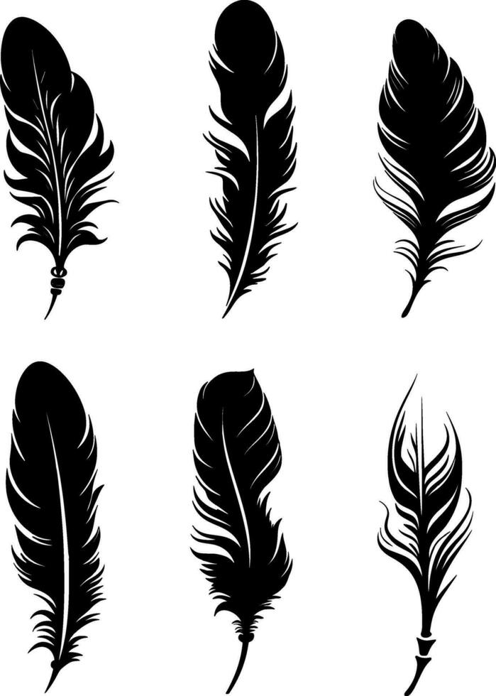 un colección de pájaro plumas conjunto icono. pluma silueta. Clásico bolígrafo para caligrafía. plumaje recopilación. vector aislado en blanco. ai generado ilustración.