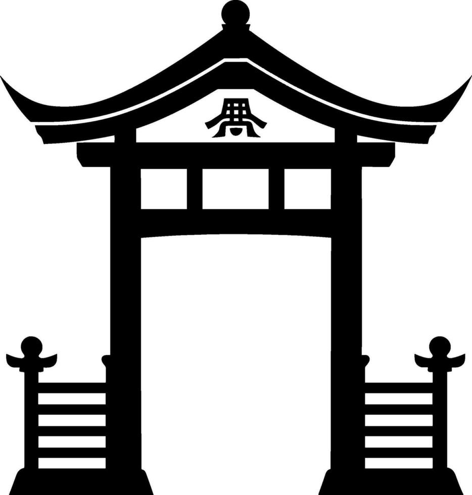 Chinese gate icon in the park black silhouette. AI generated illustration. vector