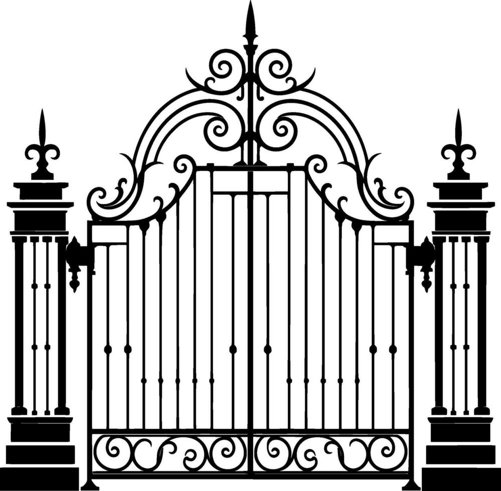 Vector illustration wrought-iron fence. Old metal fence and gate. Gate silhouette. AI generated illustration.