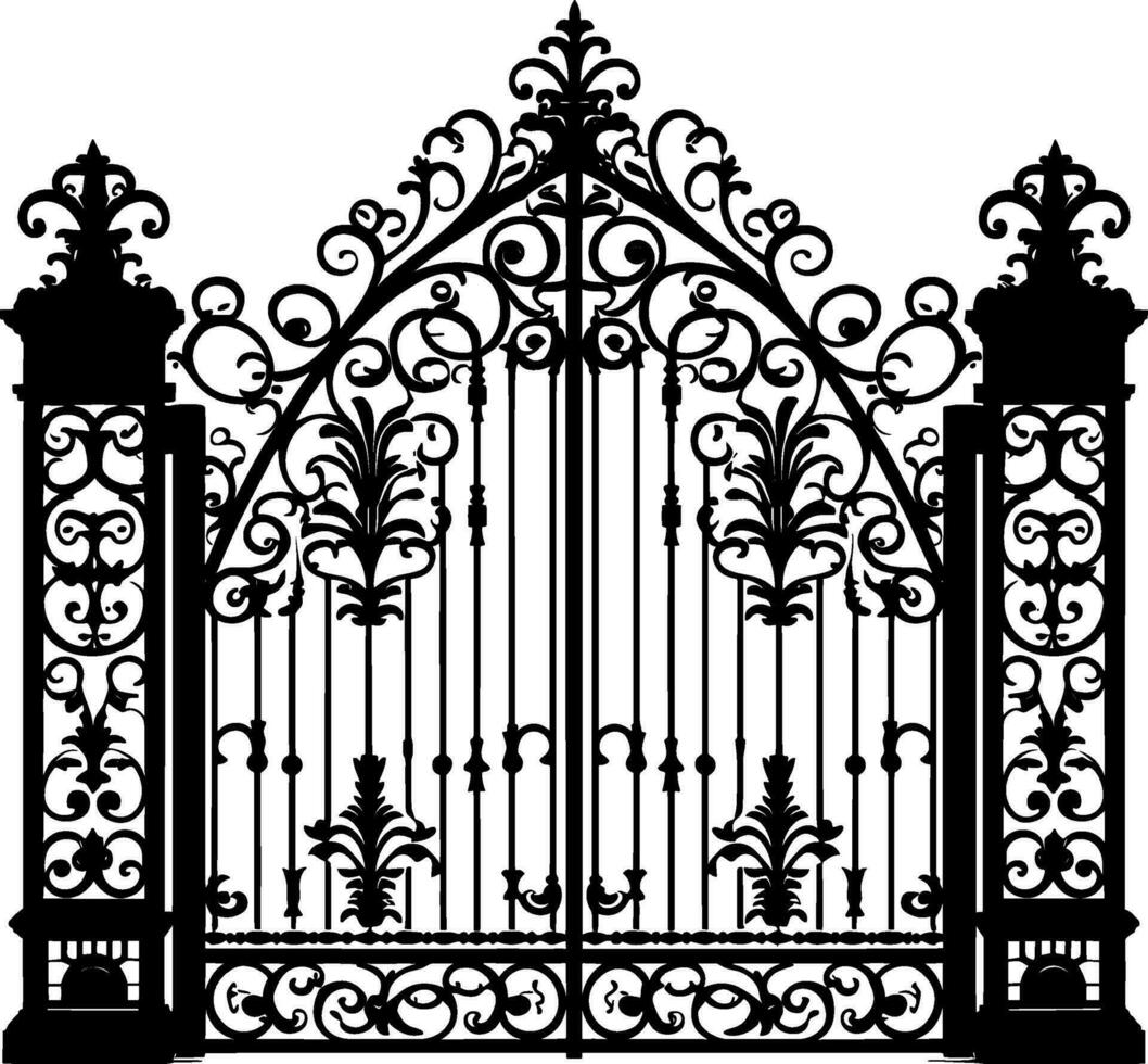 Vector illustration wrought-iron fence. Old metal fence and gate. Gate silhouette. AI generated illustration.