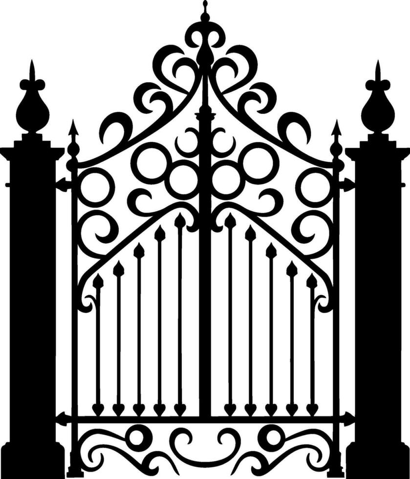 Vector illustration wrought-iron fence. Old metal fence and gate. Gate silhouette. AI generated illustration