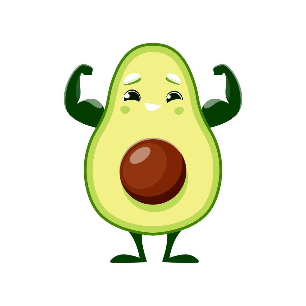 Cartoon strong avocado character, emoji emoticon vector