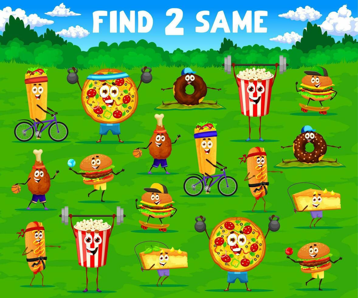 Find two same funny fast food characters game vector