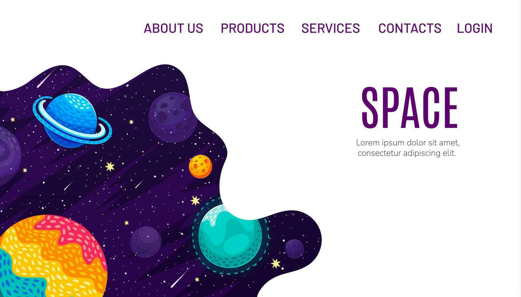 galaxia espacio aterrizaje página, dibujos animados espacio paisaje vector