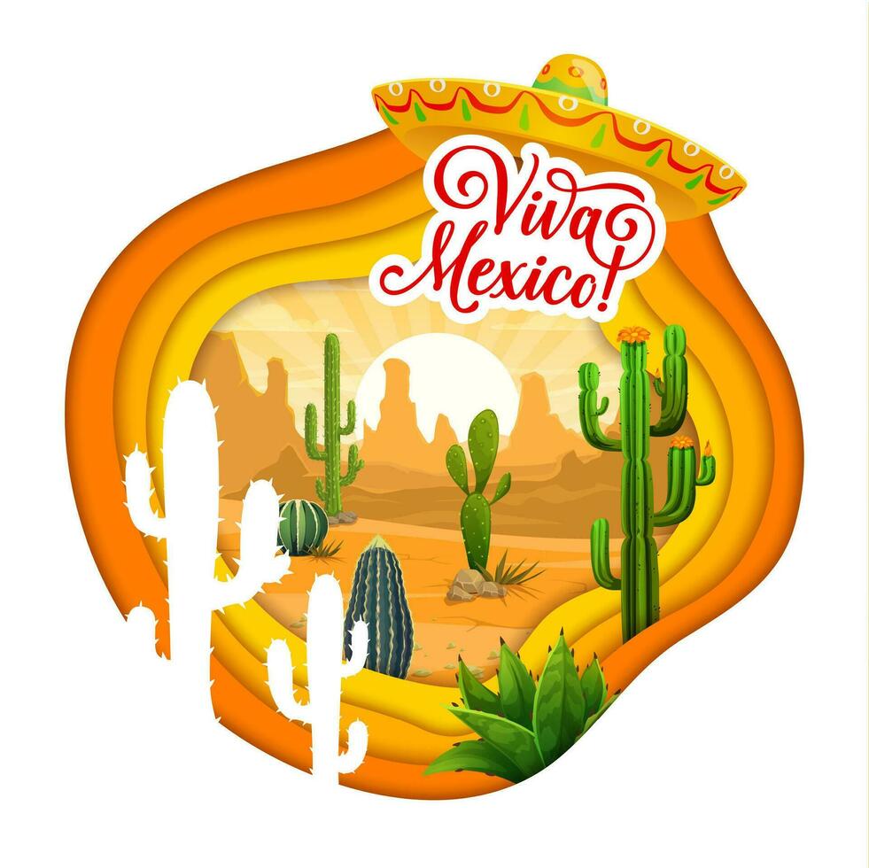 Mexican desert landscape, cactus paper cut banner vector