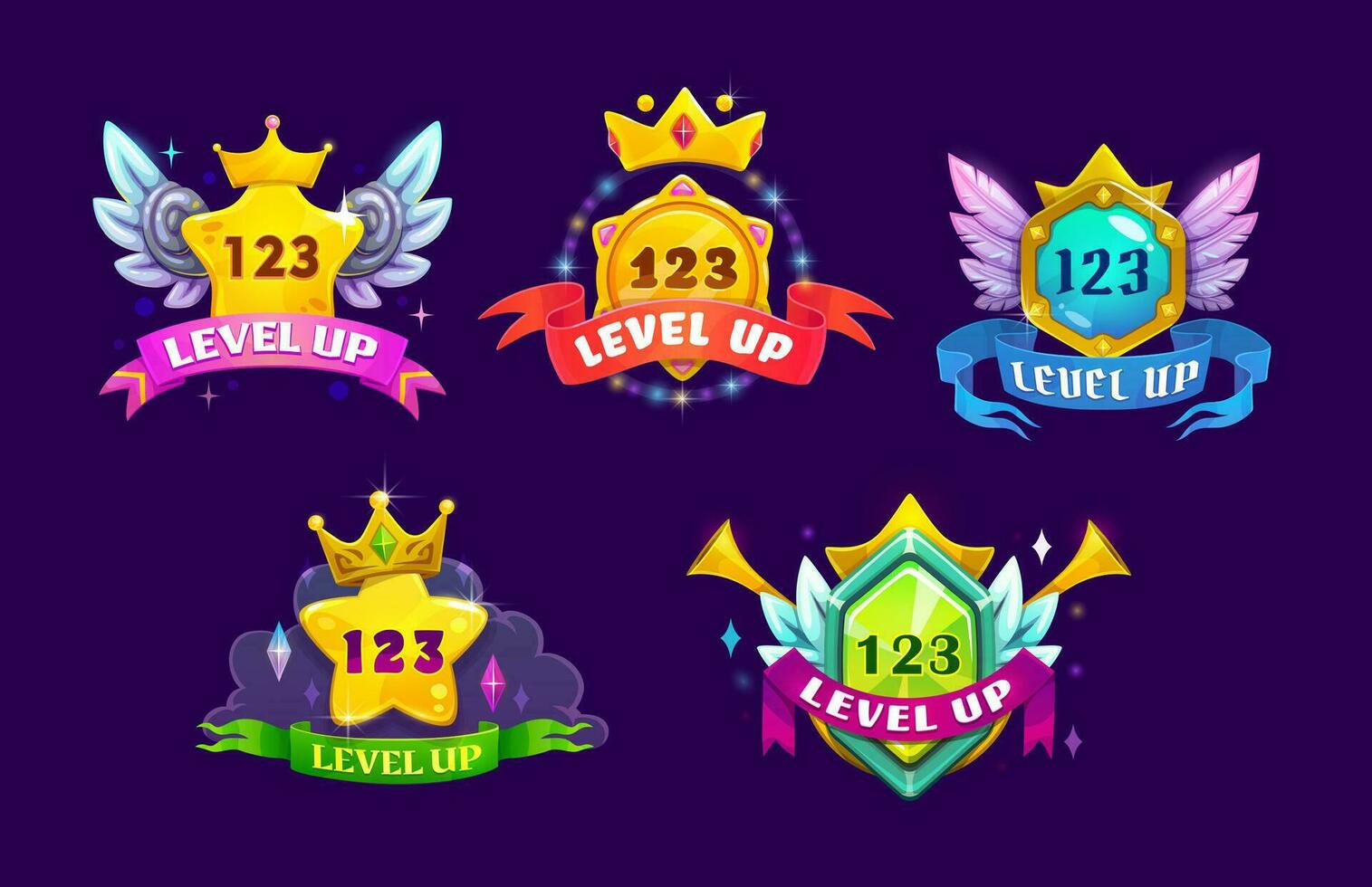 Game interface level up badges and win icons vector
