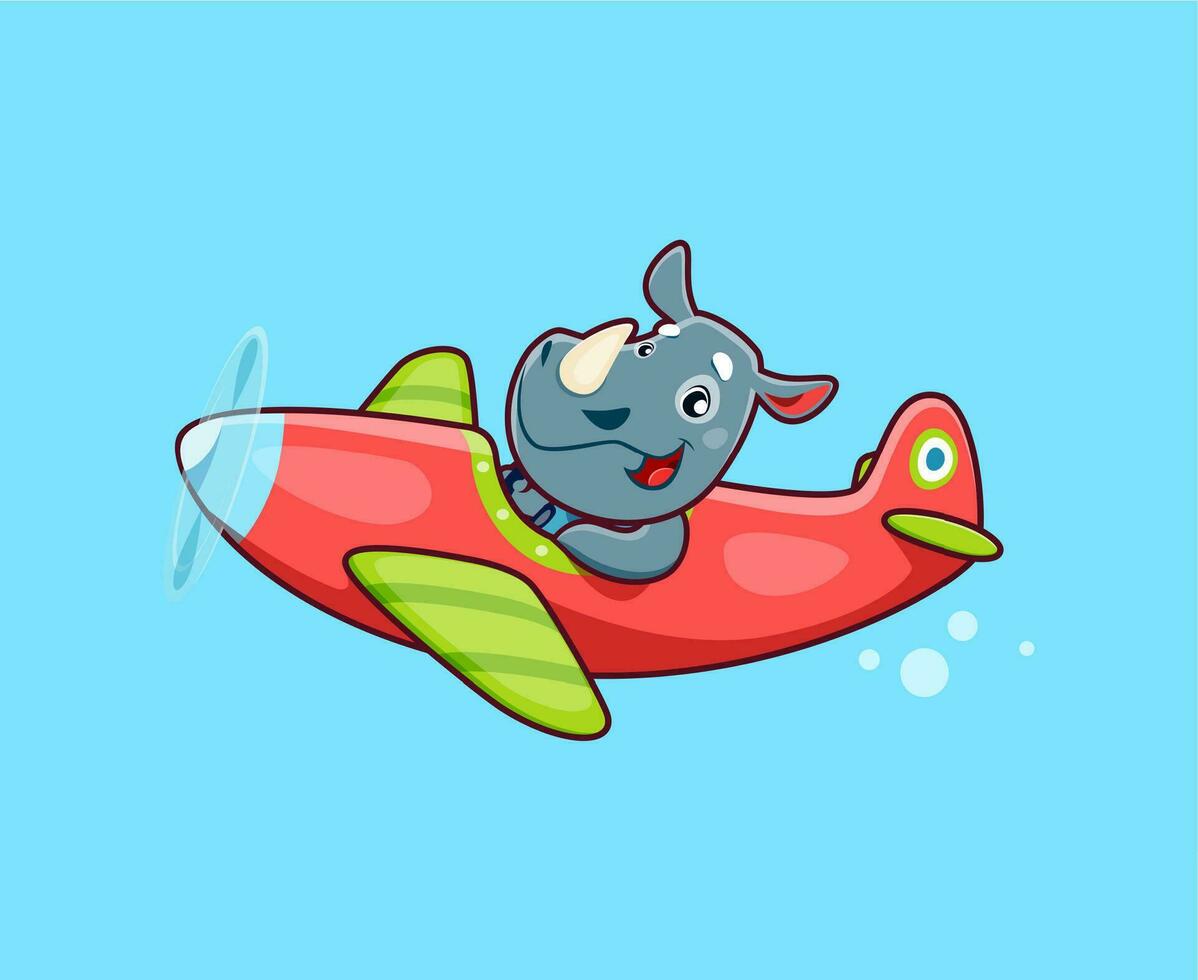 dibujos animados linda rinoceronte animal personaje en avión vector