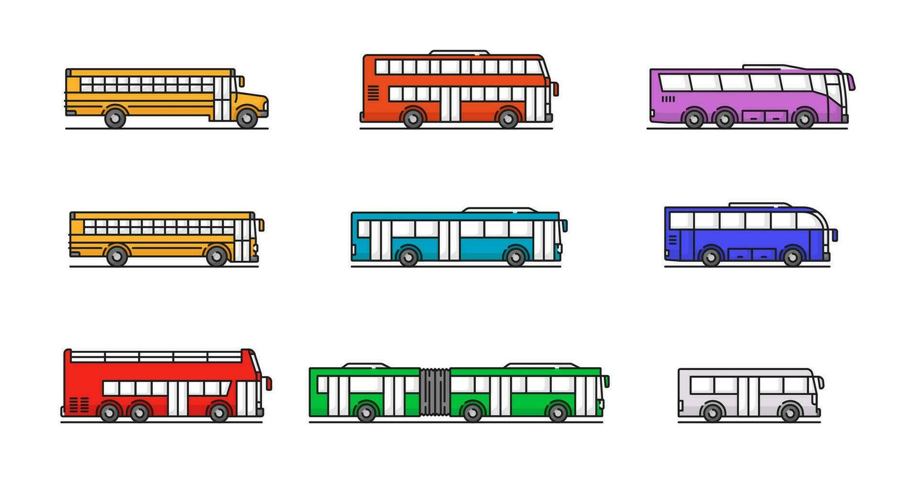 ciudad, viaje y colegio autobús color línea íconos vector