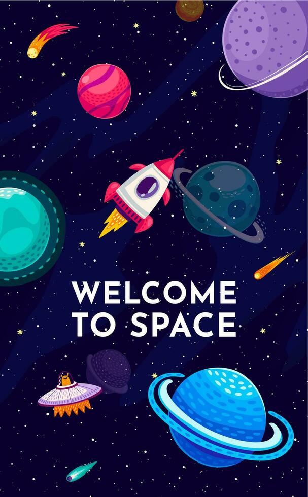 Welcome to space banner with UFO and galaxy planet vector