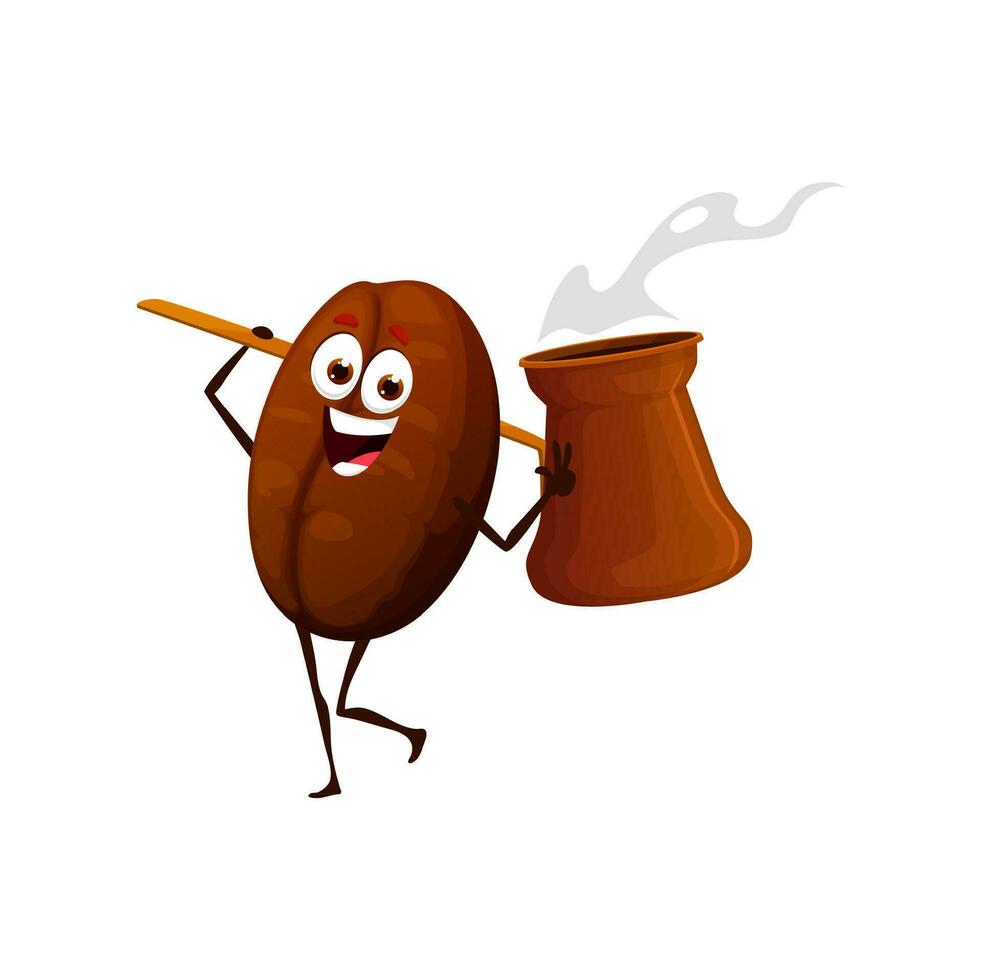 dibujos animados contento café frijol personaje con cezve vector