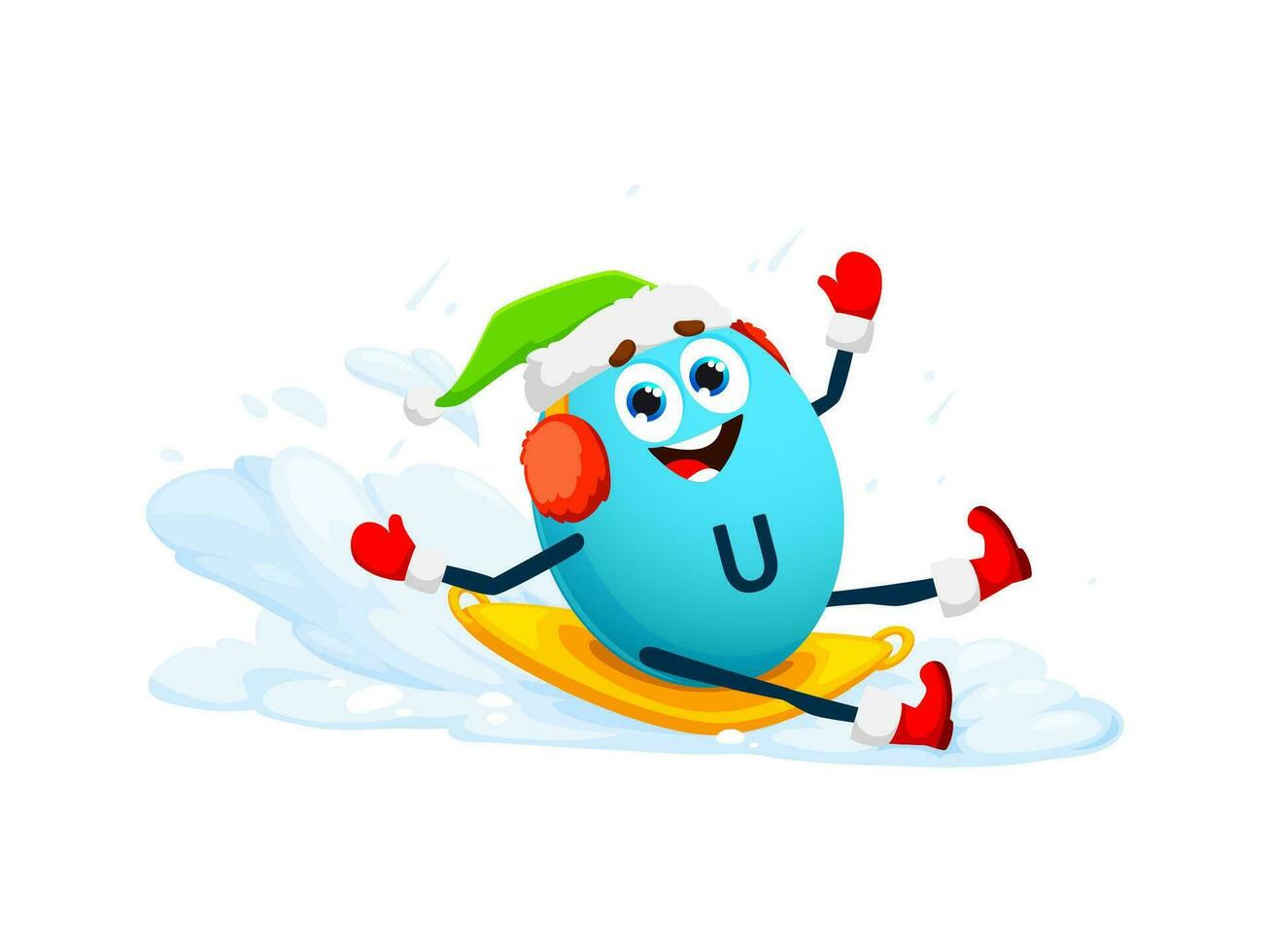 Cartoon vitamin U character slides down snowy hill vector