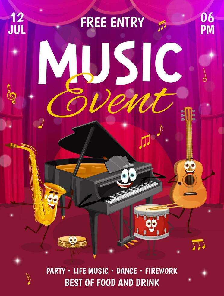 Music concert flyer. Musical instrument characters vector