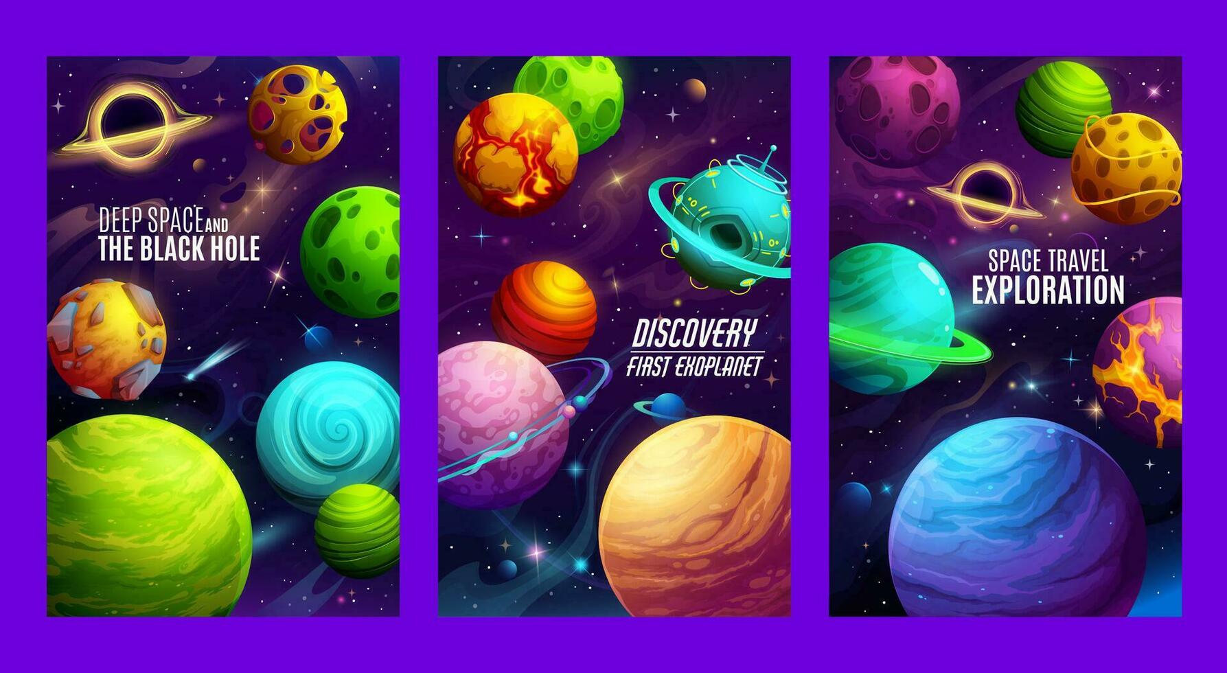 Cartoon galaxy space planets posters, fantasy UFO vector